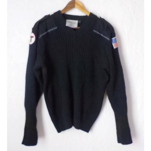 Flying Cross VNeck Sweater Black Wool Blend Ribbed Knit Men Large Patch Flag T - Picture 1 of 15